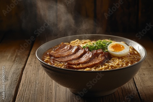 Steaming bowl of ramen noodles with pork, egg, and scallions on rustic wooden table. photo