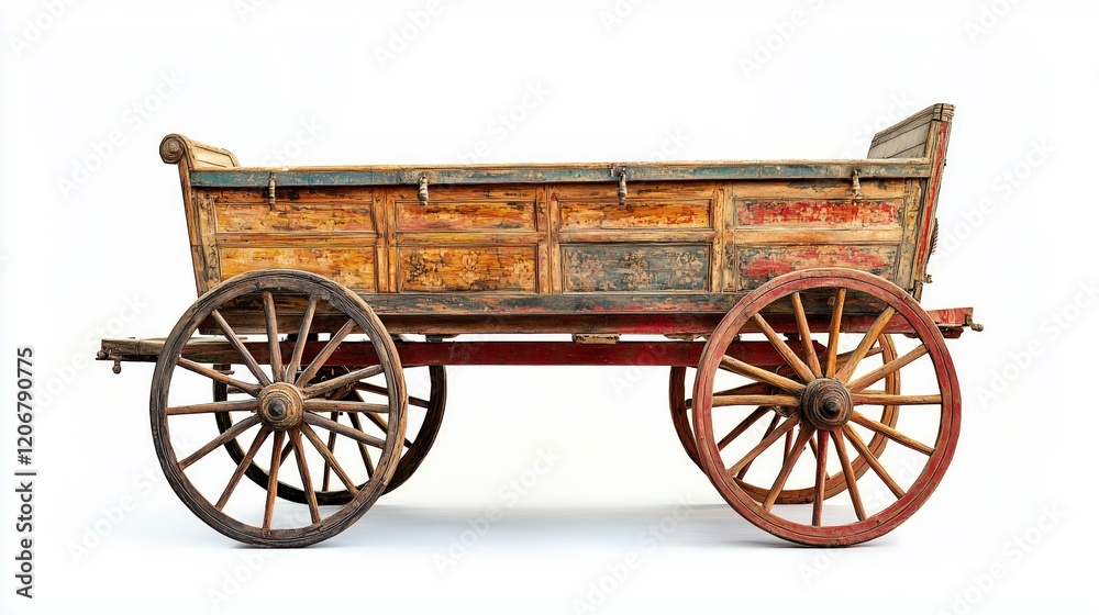 Fototapeta premium Vintage Wooden Wagon: A weathered, antique wooden wagon with red and yellow accents, featuring four sturdy wheels and a spacious wooden body.