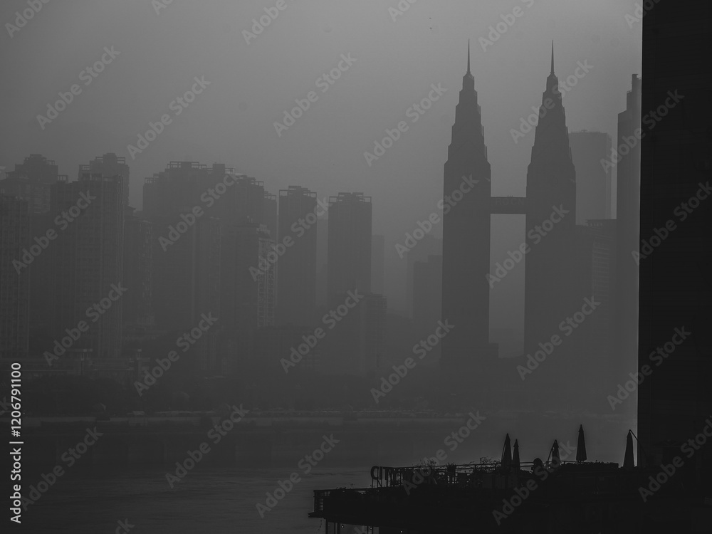 Naklejka premium Black and White Chongqing city skyline cyberpunk vibes