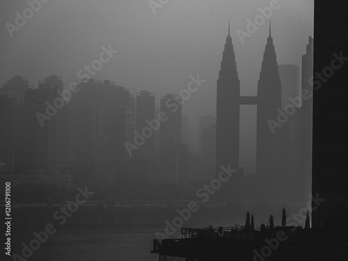 Fototapeta Naklejka Na Ścianę i Meble -  Black and White Chongqing city skyline cyberpunk vibes