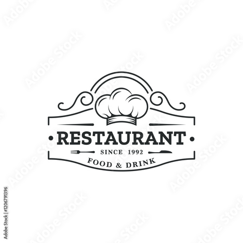 Chef and restaurant simple retro logo design with chefs hat, fork and knife. Restaurant logo template.
