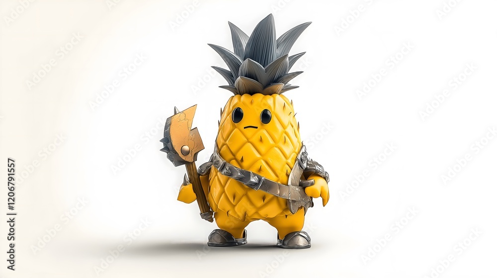 Naklejka premium Fruit, character and modern concept: Pineapple warrior, tropical forest battleground.