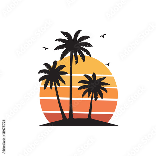  silhouette of palm trees and orange sunset vector logo. seascape with palm trees vector silhouette
