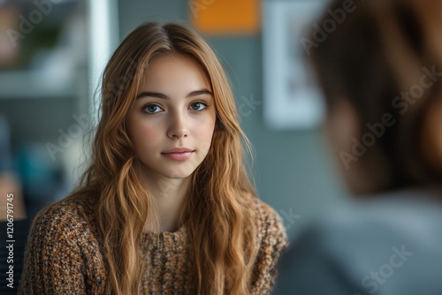 Wallpaper Mural Young woman in a mental therapy session talking with a psychologist in the office, Generative AI Torontodigital.ca