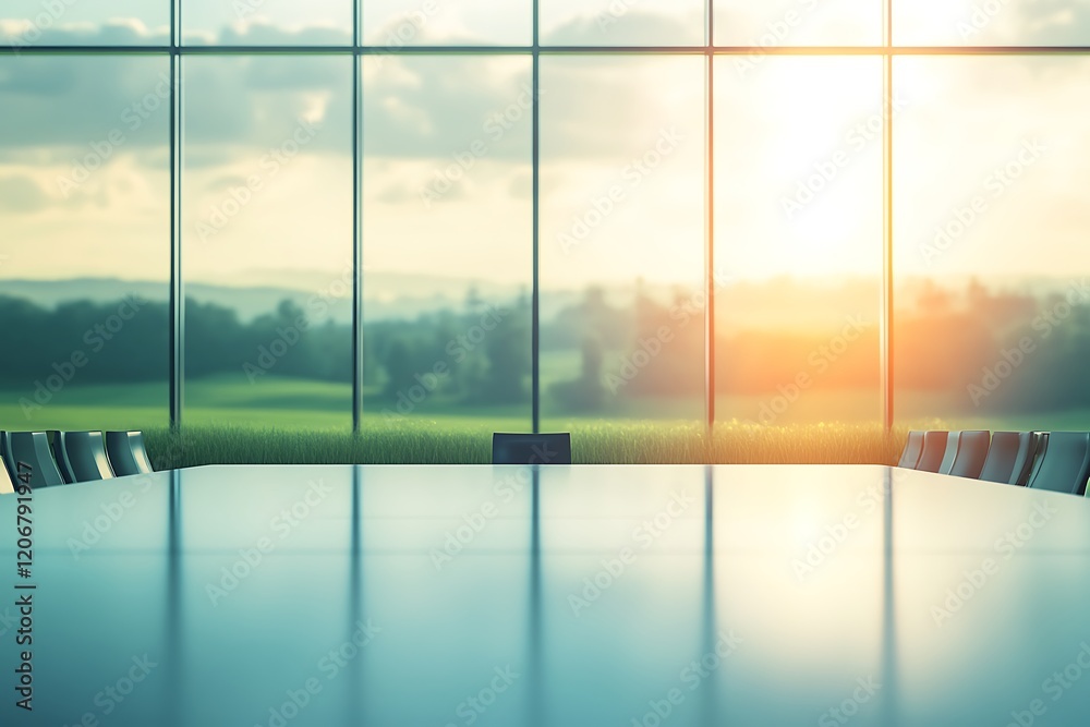 Fototapeta premium Empty Conference Room at Sunset with Panoramic View