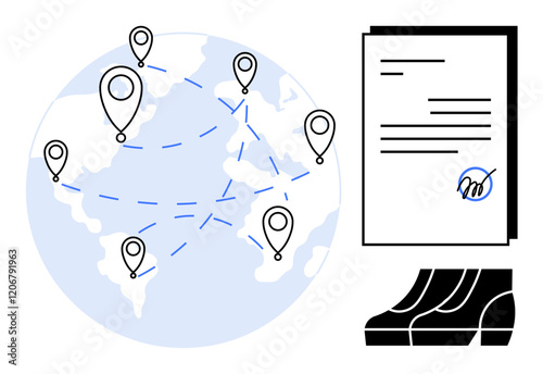 Globe with location pins connected by dotted lines, representing global logistics network, alongside official document with signature and cargo containers. Ideal for themes thumbs up international