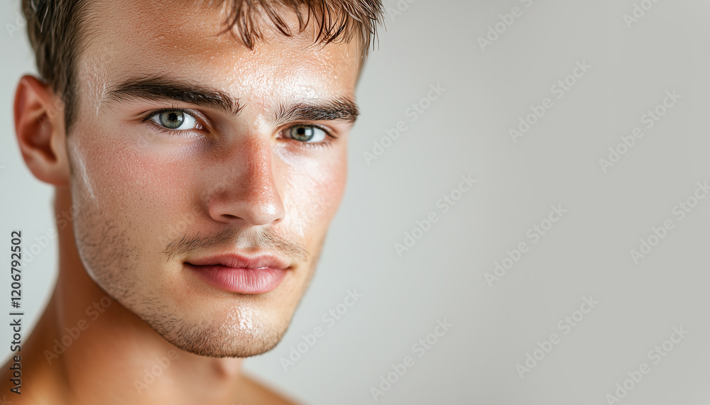 Fototapeta premium Closeup photoshoot of handsome man with beard and clear fresh skin. Advertising concept of healthy lifestyle, self-care, dermatology and skincare for men