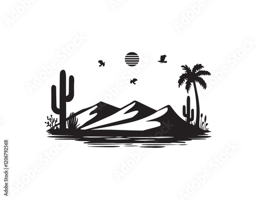 desert vector silhouette. oasis with palm trees and cacti vector silhouette