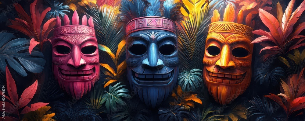 Obraz premium Vibrant Tribal Masks Amidst Lush Tropical Foliage