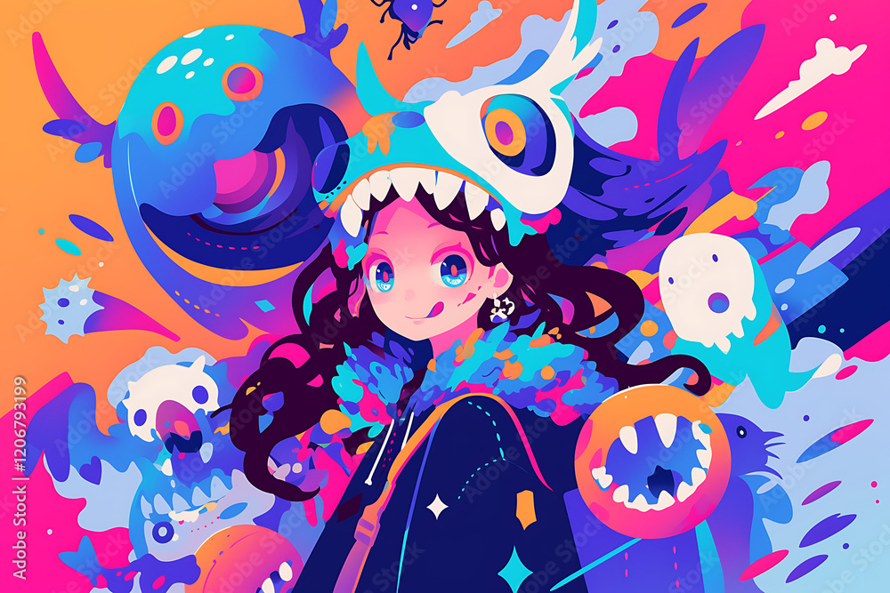 Fototapeta premium Colorful illustration of a girl in a monster-themed outfit surrounded by whimsical creatures in a vibrant backdrop