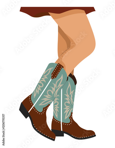 Female legs wearing cowgirl boots and skirt. Traditional western cowboy boots decorated with embroidered wild west ornament. Flat vector illustration isolated on white background.