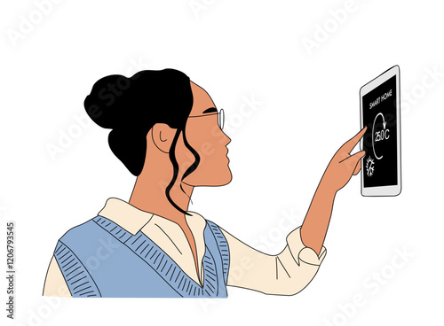 Woman using smart home control panel on the wall. Modern IOT technology concept. Simple vector outline hand drawn colored illustration isolated on white background.