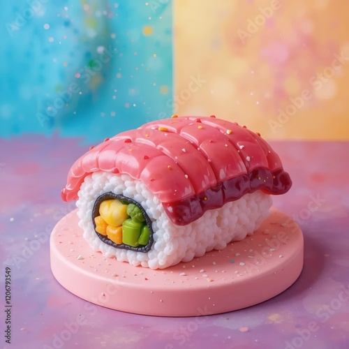 Claymorphism 3D Sushi Illustration With a Vibrant Shiny Style Using Bright Pastel Colors On The Background photo