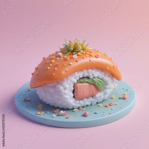 Claymorphism 3D Sushi Illustration With a Vibrant Shiny Style Using Bright Pastel Colors On The Background photo