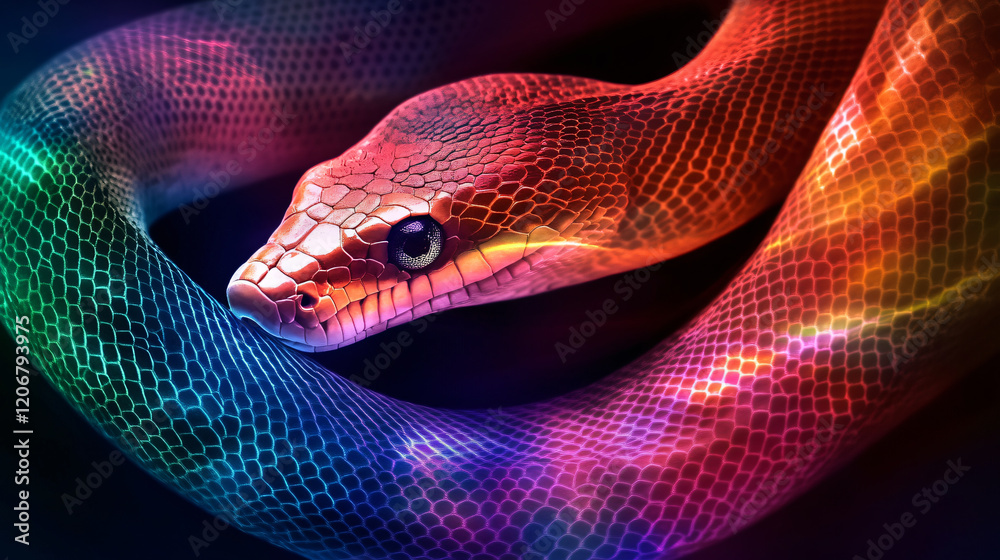 Fototapeta premium Futuristic snake illustrations cyber design vibrant neon color digital abstraction motion effect technology art modern conceptual chinese new year wall art pet python backdrop background concept