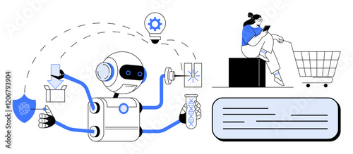 Robot multitasking with package, test tube, phone, gear, and shield. Woman using mobile near shopping cart. Ideal for tech, online retail, AI customer service automation futuristic commerce