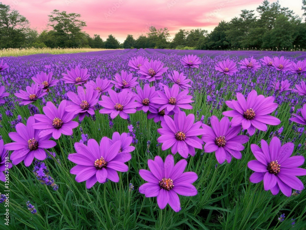 Obraz premium Serene Lavender Field at Dusk with Vibrant Wildflowers and Pink Sky Horizon