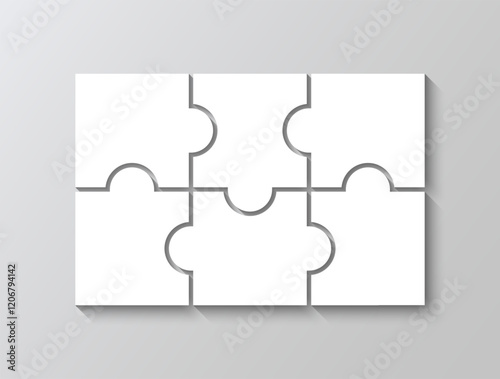 Puzzle grid template. Jigsaw pieces mosaic. Lasercut template with 6 details. Layout of thinking mosaic game. White modern background. Infographic diagram. Vector illustration.