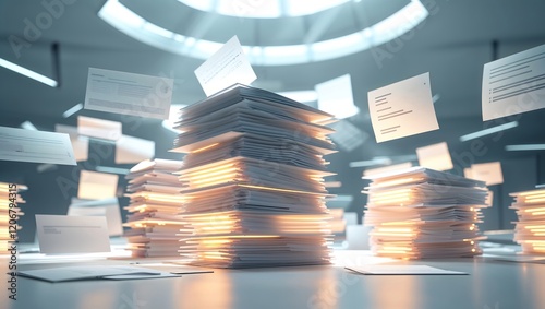 Abstract Paperless Office Stacks Glowing with Digital Transformation and Organizational Growth