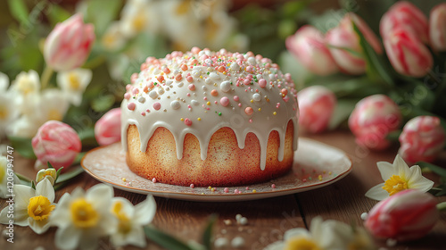 Easter composition featuring a traditional Easter cake (kulich) at the center