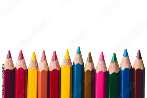 Diagonal row of vibrant colored pencils in red, blue, yellow, green, pink, and brown, showcasing smooth texture and sharp tips, perfect for creativity, art, and school supplies, isolated on white back photo