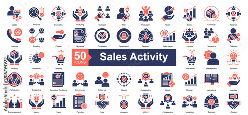 Sales Activity Icon Collection Set.Containing Leads, Prospect, Generation, Nurturing, Outreach, Pitch, Persuasion, Quota icon. Simple dual tone style Vector Illustration.	