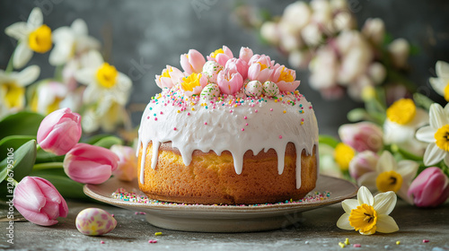 Easter composition featuring a traditional Easter cake (kulich) at the center