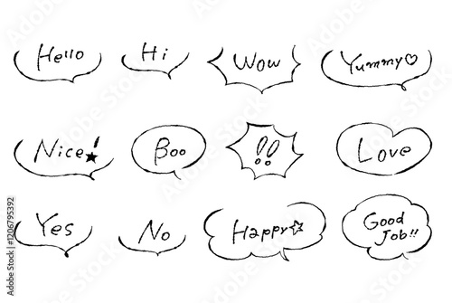 インクペンで描いたおしゃれな手書き風、落書き風のかわいいふきだしセット