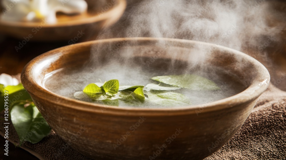 Close-up of a warm bowl with eucalyptus-infused water and rising steam, creating a tranquil spa atmosphere. Relaxation, wellness, and self-care concept. Close-up of a warm bowl with eucalyptus-infused water and rising steam, creating a tranquil spa atmosphere. Relaxation, wellness, and self-care concept.