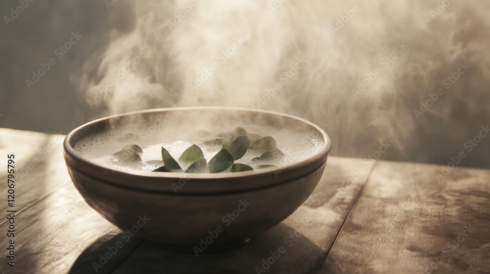 Close-up of a warm bowl with eucalyptus-infused water and rising steam, creating a tranquil spa atmosphere. Relaxation, wellness, and self-care concept. Close-up of a warm bowl with eucalyptus-infused water and rising steam, creating a tranquil spa atmosphere. Relaxation, wellness, and self-care concept.