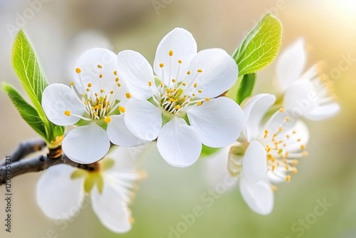 Delicate White Blossom with Yellow Stamen Against Soft Nature Background