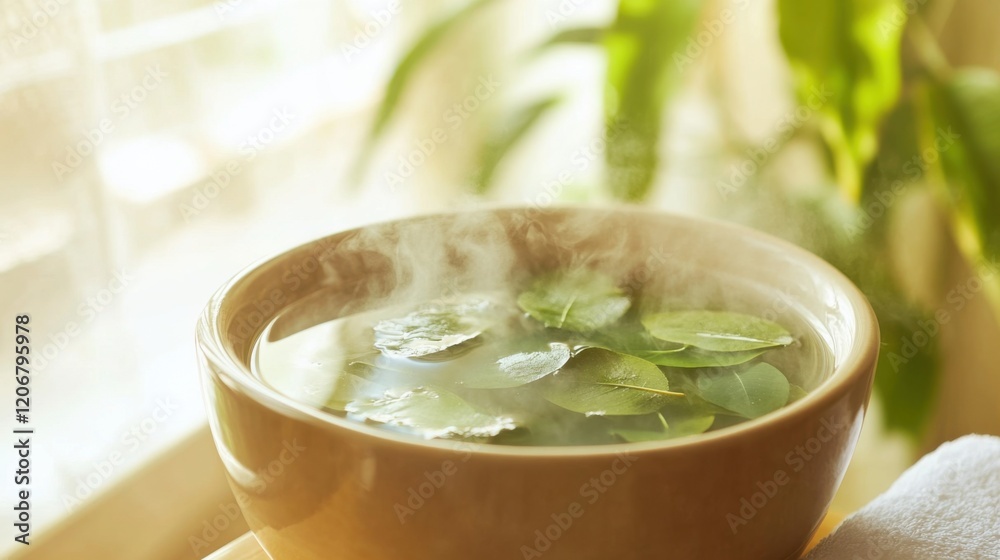 Close-up of a warm bowl with eucalyptus-infused water and rising steam, creating a tranquil spa atmosphere. Relaxation, wellness, and self-care concept. Close-up of a warm bowl with eucalyptus-infused water and rising steam, creating a tranquil spa atmosphere. Relaxation, wellness, and self-care concept.