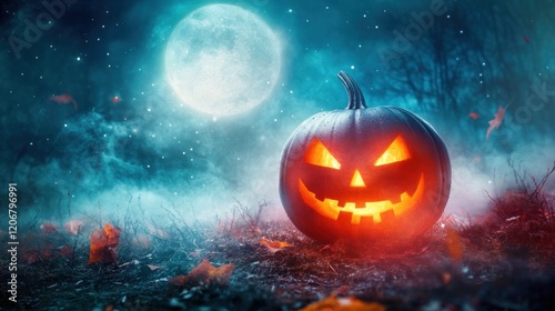 Spooky Halloween Pumpkin Under a Full Moon photo