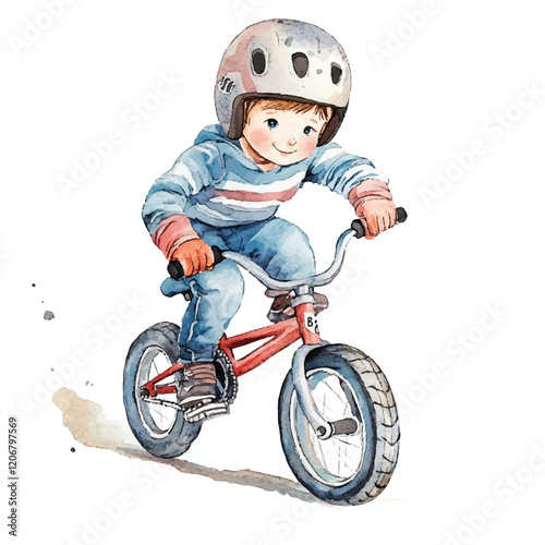 cute boy playing bmx watercolor clipart illustration