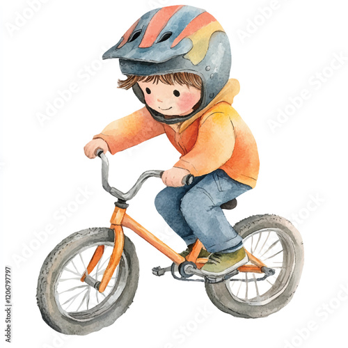 cute boy playing bmx watercolor clipart illustration
