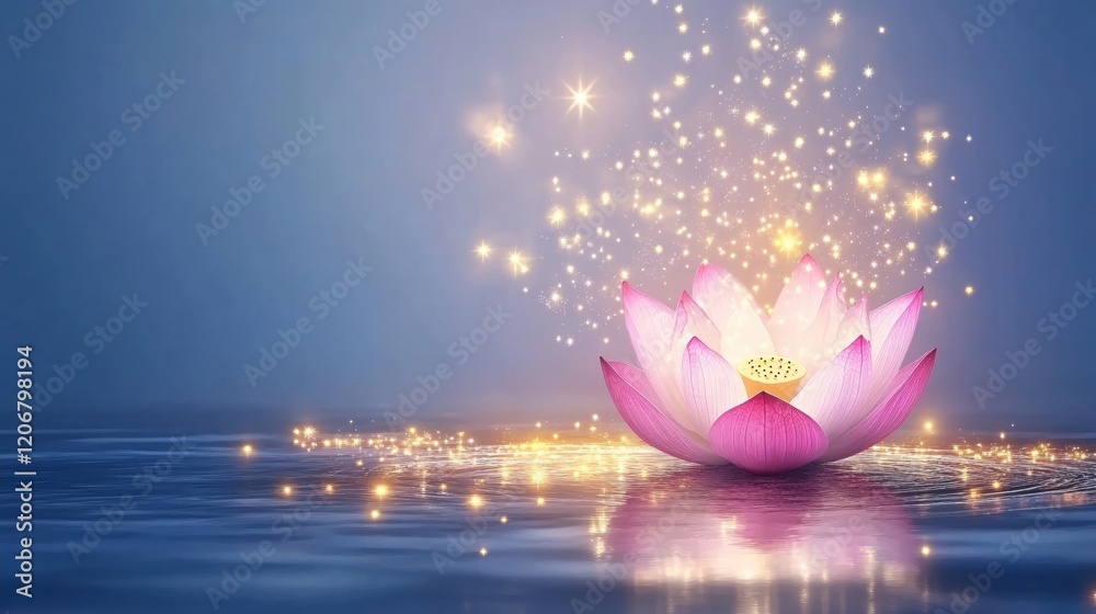 Fototapeta premium Beautiful Pink Lotus Flower Floating on Calm Water with Magical Sparkles All Around