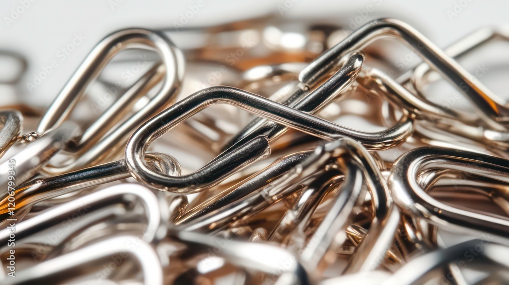 A close-up of a pile of shiny metal paper clips, showcasing their unique shapes and metallic finish against a white background. A close-up of a pile of shiny metal paper clips, showcasing their unique shapes and metallic finish against a white background.