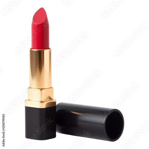 Classic Red Lipstick: A bold and vibrant red lipstick in a sleek gold and black casing, perfect for a glamorous makeup look. The lipstick is open, revealing a smooth.