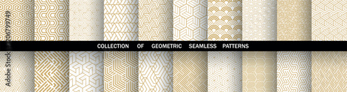 Geometric set of seamless golden and white patterns. Simple vector graphics