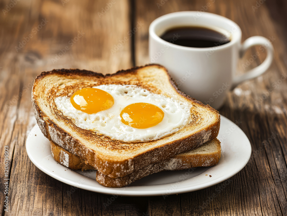 Delicious breakfast with fried eggs on toast and a cup of coffee on a wooden table Delicious breakfast with fried eggs on toast and a cup of coffee on a wooden table