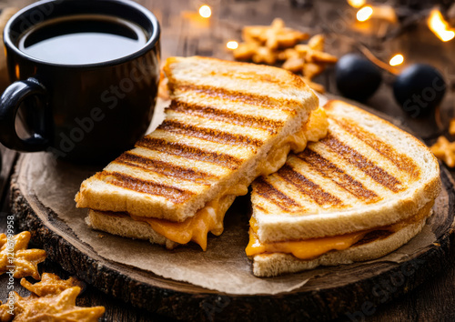 Delicious grilled cheese sandwich served with black coffee on a wooden surface