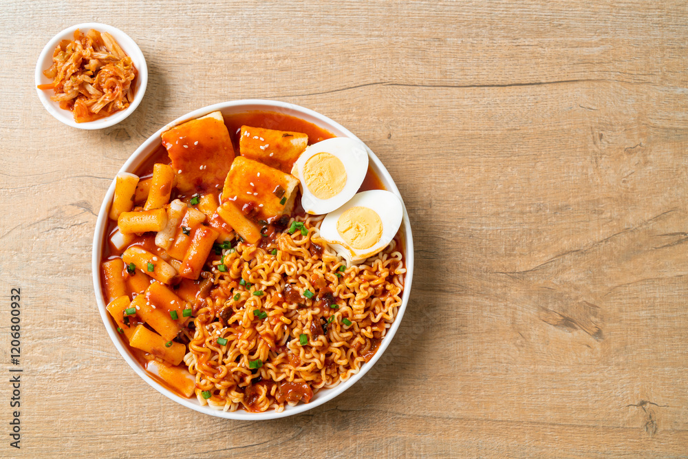 Korean instant noodles with Korean rice cake and fish cake and boiled egg Korean instant noodles with Korean rice cake and fish cake and boiled egg