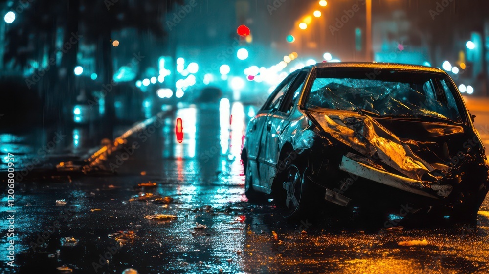 A damaged car on a rainy street, illuminated by city lights. A damaged car on a rainy street, illuminated by city lights.