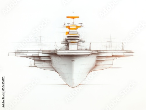 Innovative aircraft carrier design naval engineering technical illustration concept art front view modern warfare