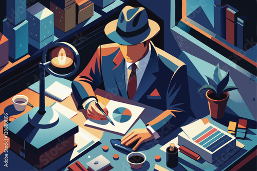 Data Detective man sifting through a cluttered desk and magnifying glass reveals hidden trends, and shadows of larger patterns loom in the background,
