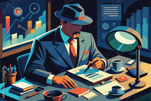 Data Detective man sifting through a cluttered desk and magnifying glass reveals hidden trends, and shadows of larger patterns loom in the background,

