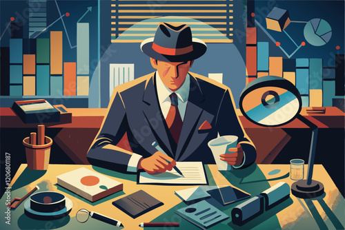 Data Detective man sifting through a cluttered desk and magnifying glass reveals hidden trends, and shadows of larger patterns loom in the background,
