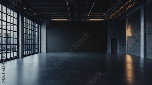 a dark, empty room with a modern, industrial design. The walls, ceiling, and floor are all black or dark gray, giving the space a sleek and minimalist appearance
