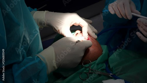 Odontologist cutting patient's gum and opening it during a tooth extraction surgery. Close up
