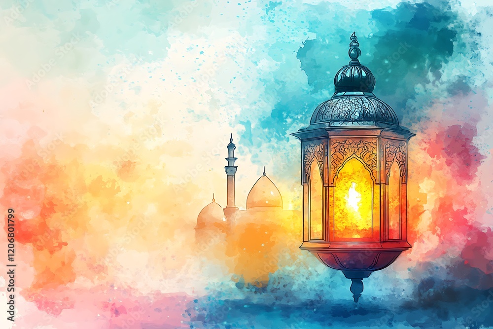 Fototapeta premium Ramadan Lantern Illuminating a Mosque in a Watercolor Style